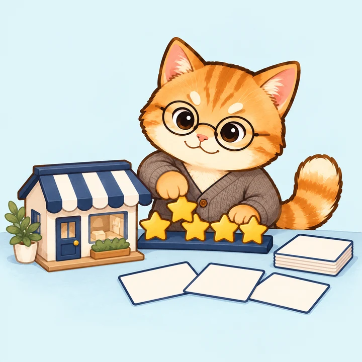 店舗とレビューの機能を表すとらのイラスト